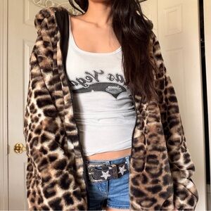 H&M Leopard Print Faux Fur Zip Hoodie - Brown, Black, Cream